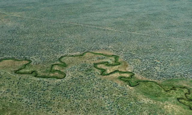Un fiume serpeggia in un paesaggio arido, un'immagine che evoca la sensibilità di Stephen Shore per la bellezza ordinaria.