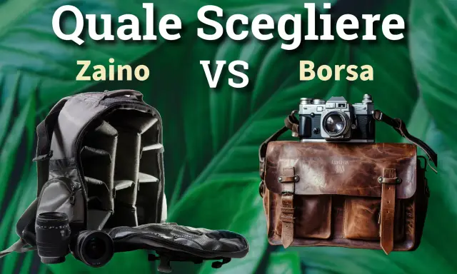 Zaino fotografico grigio aperto con obiettivi vs borsa in pelle marrone con fotocamera vintage. Quale scegliere per il miglior zaino fotografico?