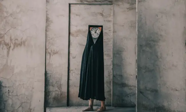 Figura con un orologio al posto della testa, avvolta in un drappo nero, in un ambiente spoglio. Un'opera che evoca i fotografi surrealisti contemporanei.