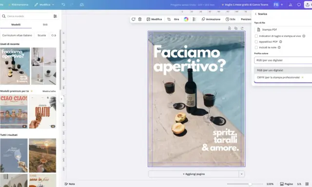 Un modello di canva fotolibro con un'immagine di un aperitivo al tramonto.