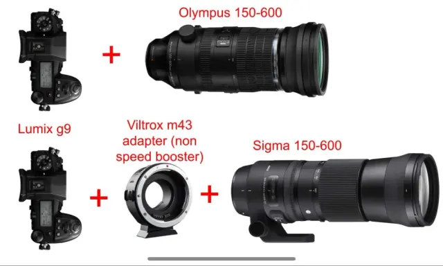 Olympus 150-600 e Lumix G9 in alto. Sotto, Lumix G9 con adattatore Viltrox e il **sigma 150-600**.