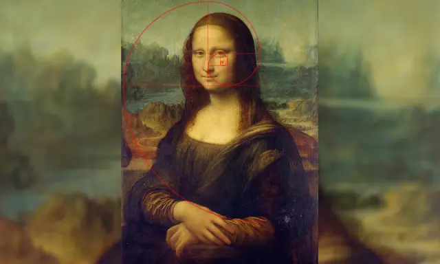 La Gioconda con sovrapposta la spirale della sezione aurea, evidenziando la sua composizione armonica.