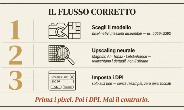 Il flusso corretto: scegli modello con pixel nativi, upscaling neurale, imposta DPI alla fine. Prima i pixel, poi i DPI.