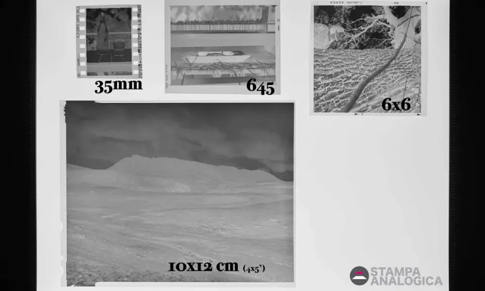 Negativo 35mm, 6x4.5, 6x6 e 10x12 cm (4x5 pollici) su supporto, formato classico foto.