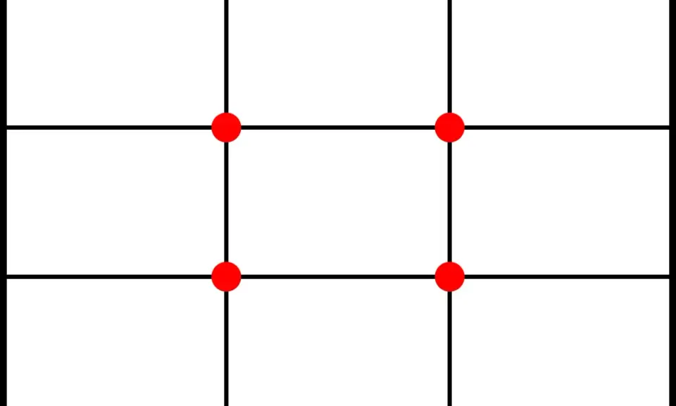 Griglia con sei punti rossi che indicano i punti di forza della regola dei terzi, utile per comporre immagini.