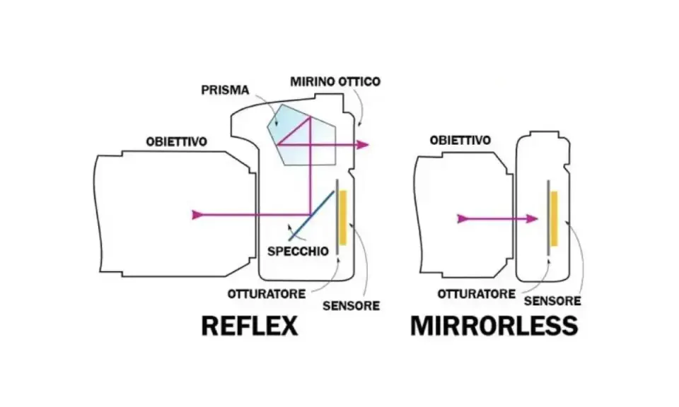 Schema che illustra come funziona una macchina fotografica reflex (con specchio e prisma) e una mirrorless (senza specchio).