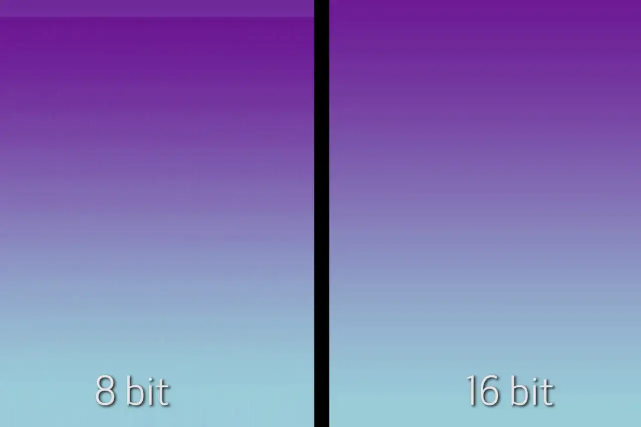 Confronto tra 8 bit e 16 bit: la differenza nella profondit&agrave; di colore &egrave; evidente, con sfumature pi&ugrave; morbide e dettagliate nel 16 bit.