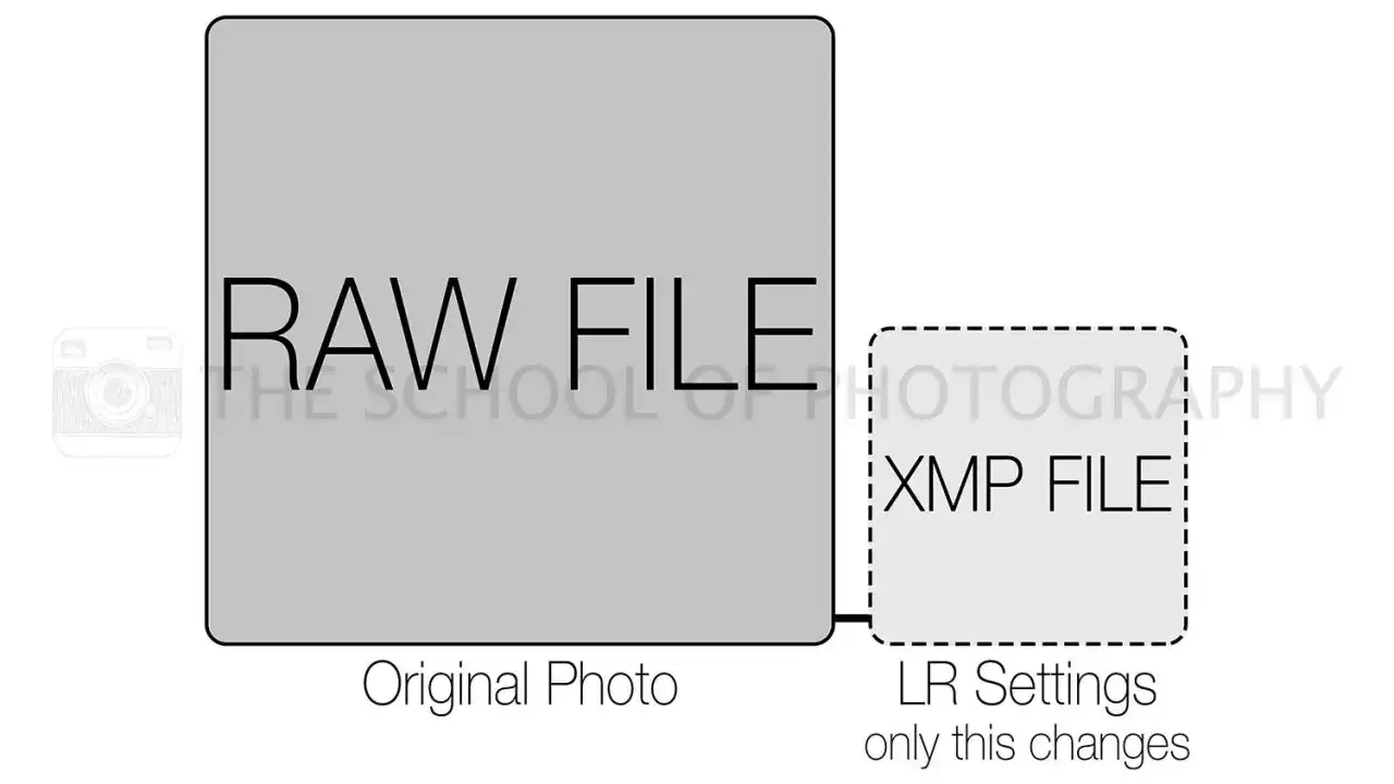 Schema che illustra un file RAW (foto originale) e un file XMP (impostazioni LR).