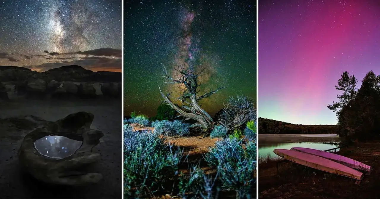 Tre foto al cielo: Via Lattea su rocce e pozza, un albero contorto sotto la Via Lattea, e un'aurora viola su un lago con canoe.