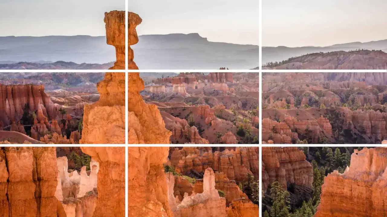 Paesaggi mozzafiato nel Bryce Canyon, con pinnacoli rossi che seguono la regola dei terzi. La luce dorata esalta le forme scolpite dal tempo.