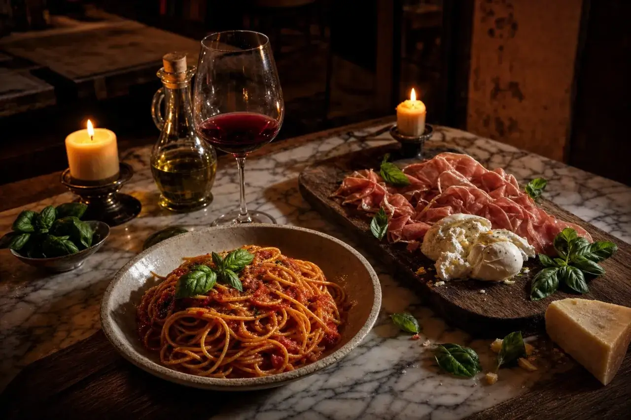 Una cena romantica con spaghetti al pomodoro, affettati misti, burrata e vino rosso. Una foto food che evoca sapori autentici.