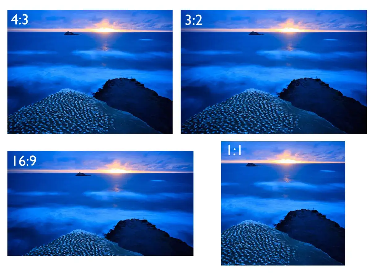Alba blu su un mare calmo, con scogliere e un isolotto. L'immagine mostra diverse proporzioni, tra cui il formato 3:2.