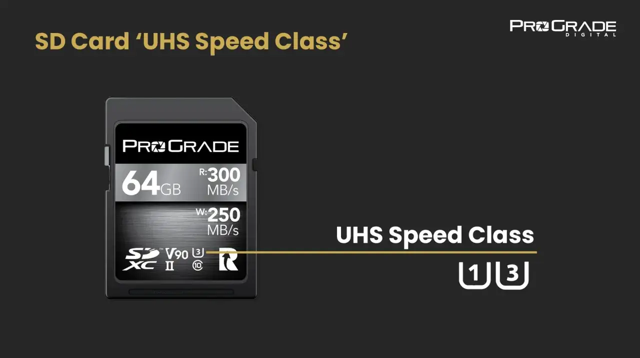 Scheda SD ProGrade 64GB, UHS Speed Class 3 (U3) indica velocità minime di scrittura 30MB/s, ideale per video 4K.
