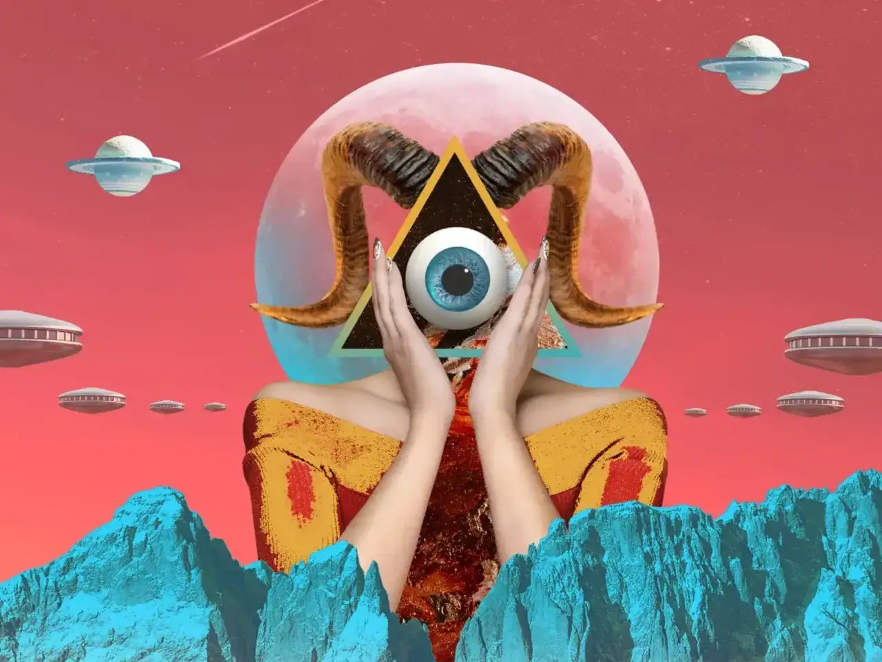 Un occhio blu tra corna di ariete, mani che lo proteggono, UFO e montagne azzurre. Un'opera che evoca i fotografi surrealisti contemporanei.