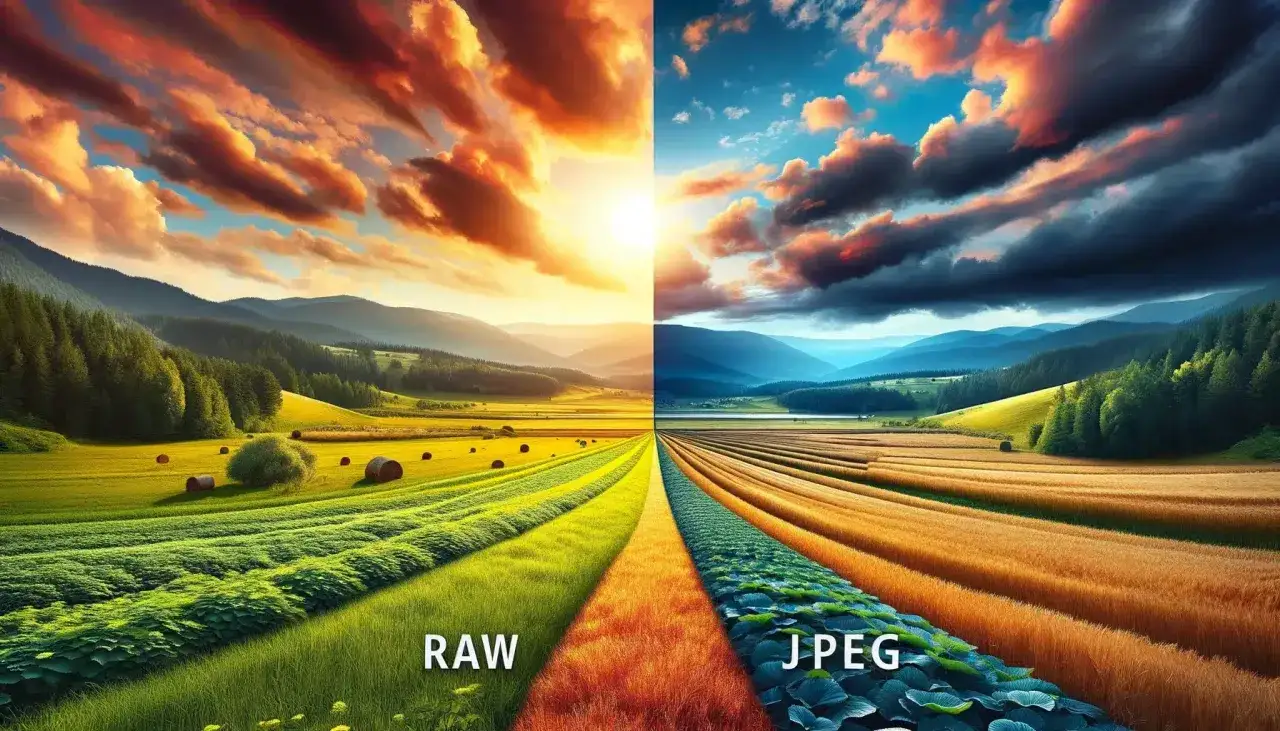 Confronto visivo tra RAW e JPEG: paesaggio rurale con campi verdi e dorati sotto un cielo drammatico. La differenza &egrave; evidente.