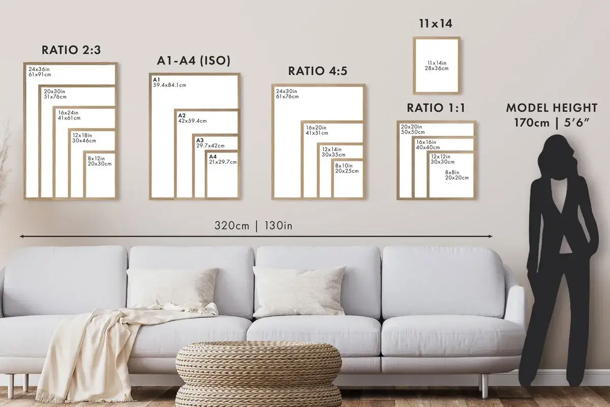 Confronto di misure fotografico per diverse proporzioni di fotografie: 2:3, A1-A4 (ISO), 4:5, 1:1, e un'altezza modello di 170cm.