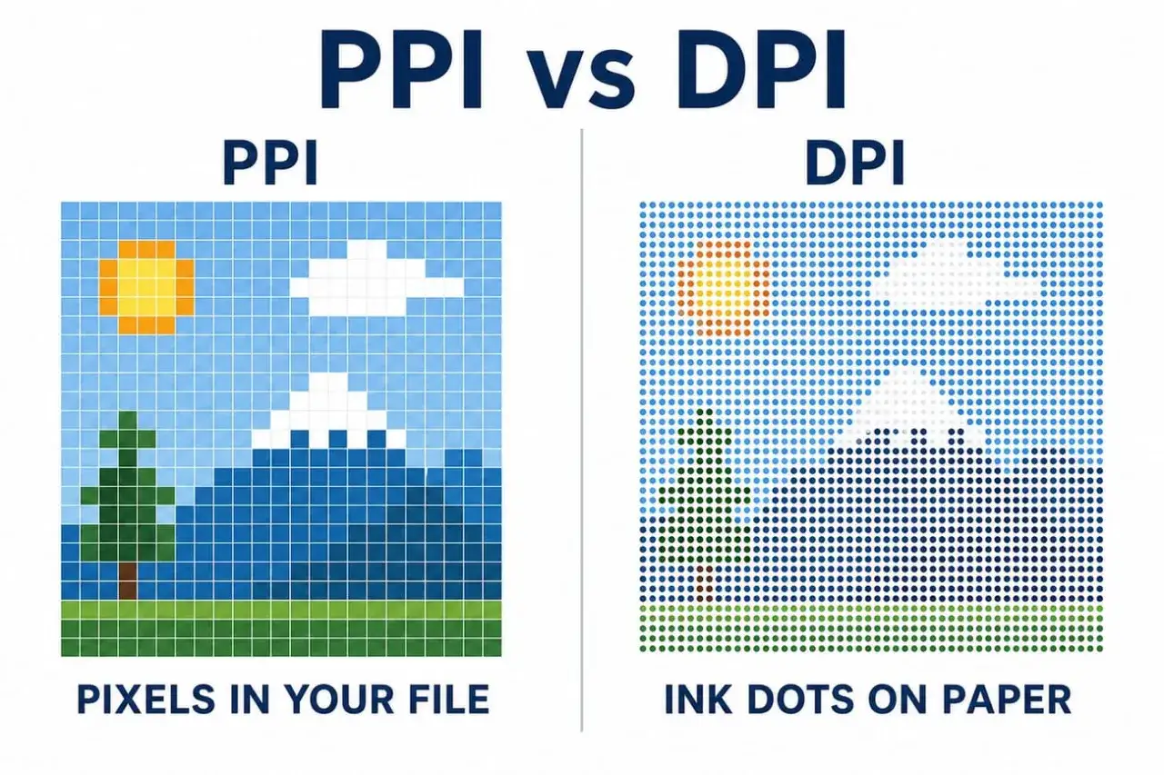 Confronto tra PPI (pixel nel file) e DPI (punti d'inchiostro su carta). L'immagine mostra due paesaggi: uno a blocchi (PPI) e uno più dettagliato con puntini (DPI).