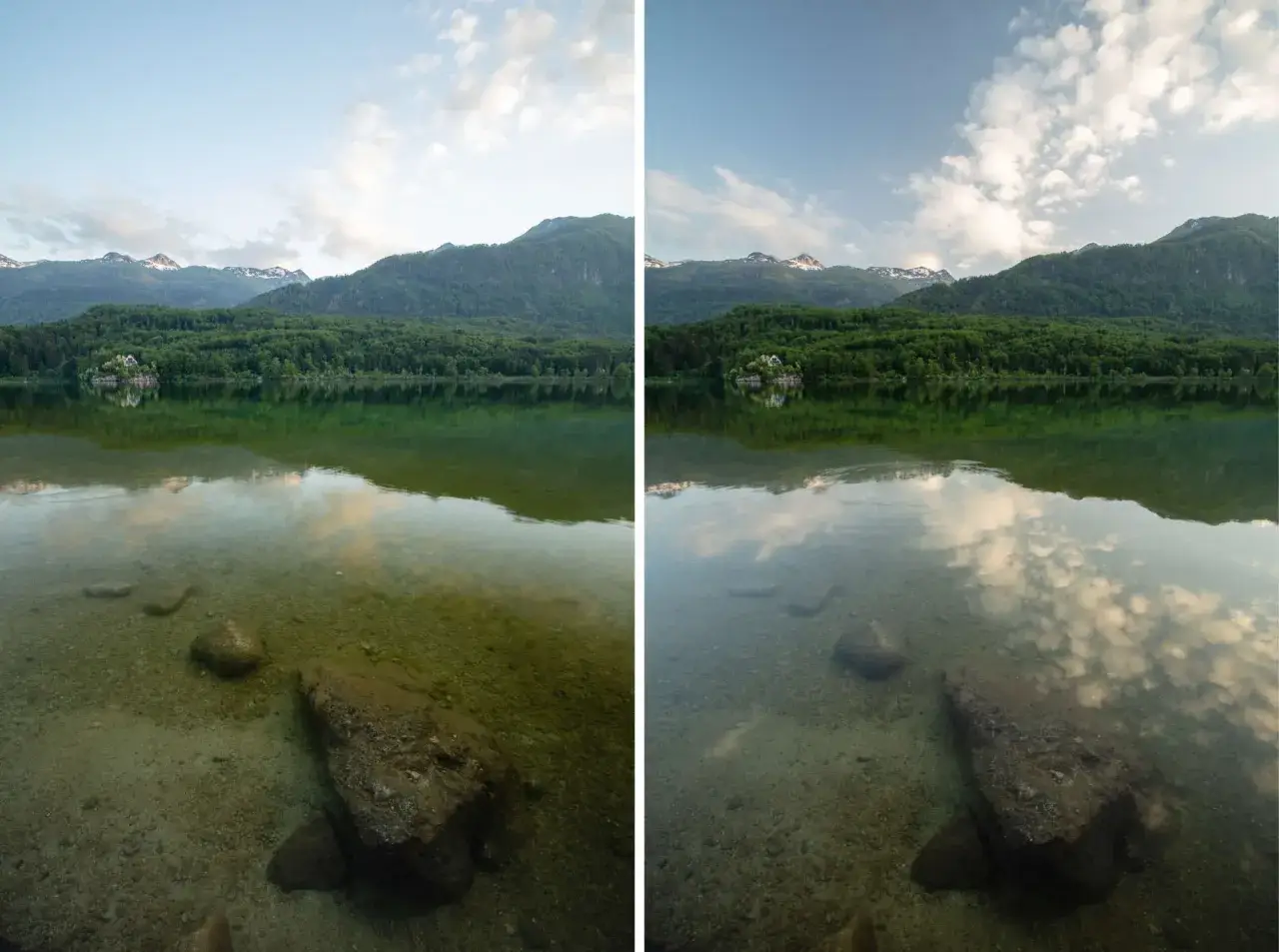 Confronto: il filtro polarizzatore a cosa serve? Elimina i riflessi sull'acqua, rendendo visibili i sassi sottostanti e intensificando i colori del paesaggio.
