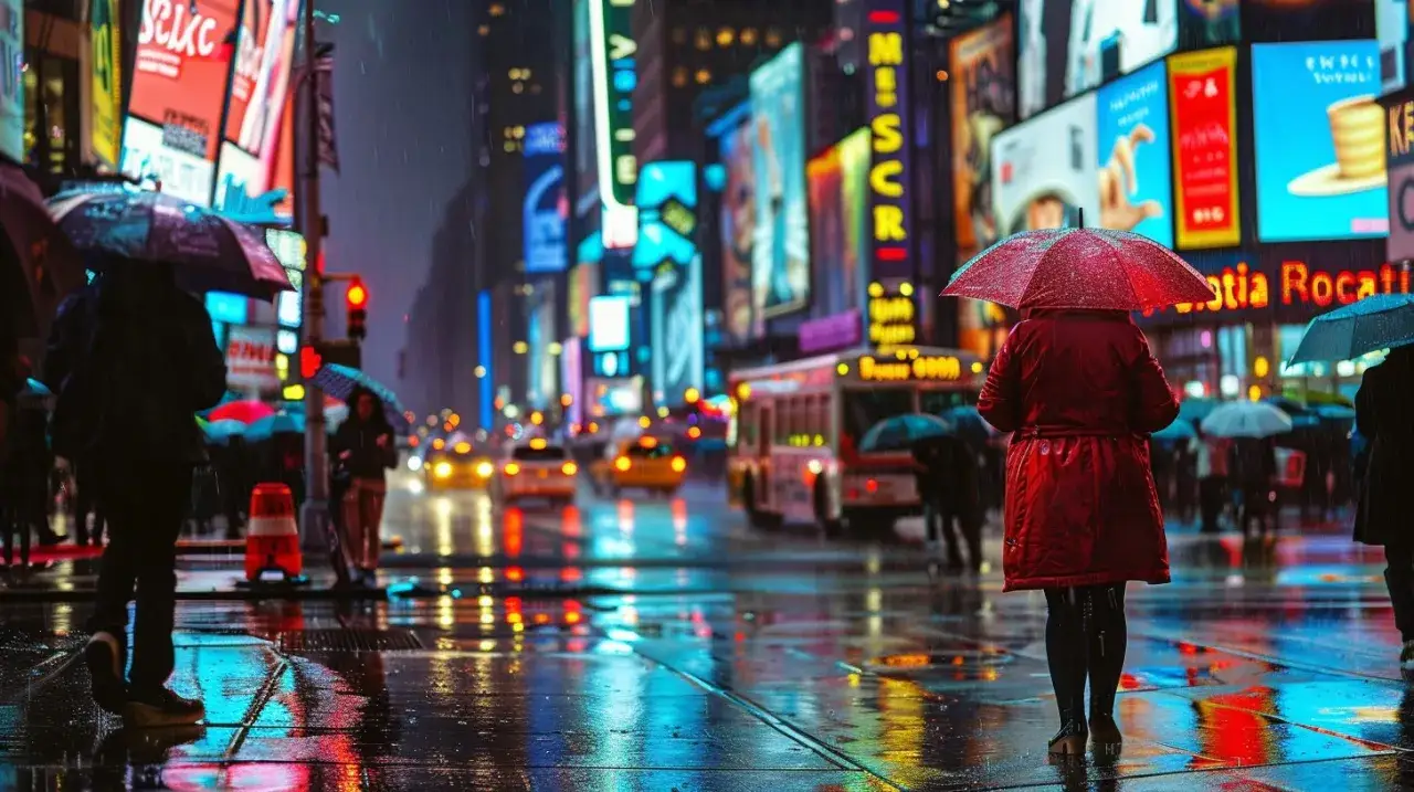 Una foto sotto la pioggia a Times Square. Persone con ombrelli camminano tra le luci al neon che si riflettono sull'asfalto bagnato.
