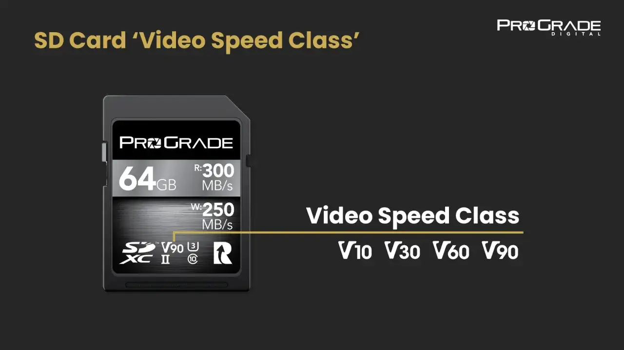 Scheda SD ProGrade da 64GB con velocità V90, ideale per video. Le sigle micro SD indicano le classi di velocità.