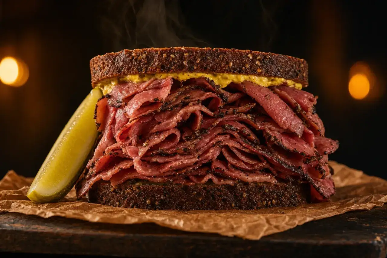 Un panino enorme con carne affumicata, senape e cetriolo. Un'immagine perfetta per chi ama fotografare il cibo.