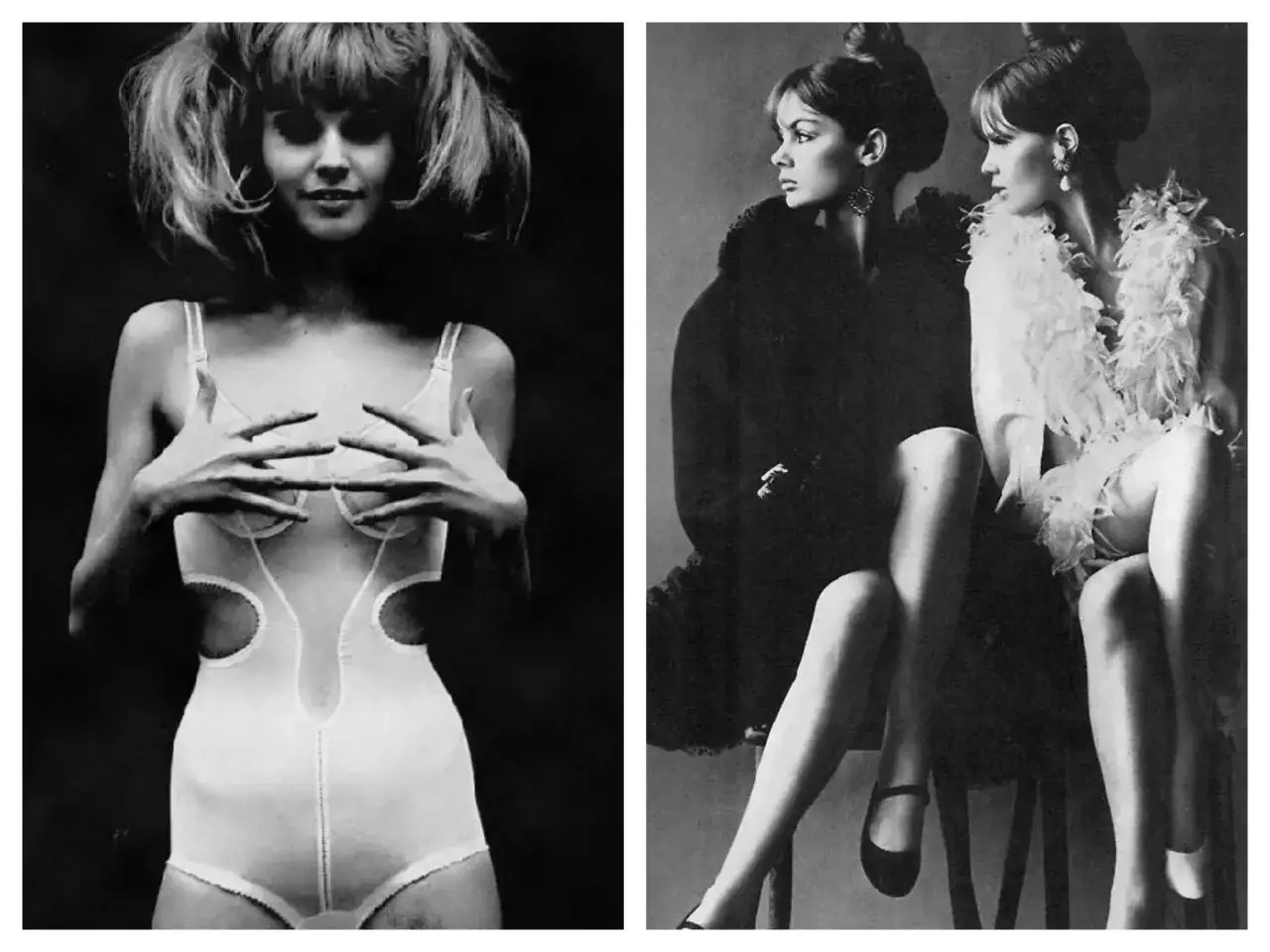 Helmut Newton cattura due scene: una donna in lingerie audace e due figure eleganti con boa di piume.