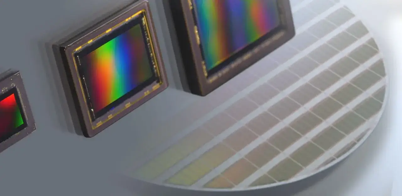 Tre sensori digitali con riflessi arcobaleno su una fetta di wafer di silicio, pronti per catturare il mondo.