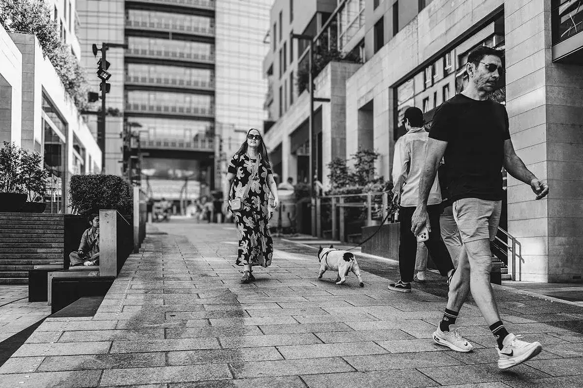 Street photography esempi: una donna con abito floreale passeggia con un cane, mentre altri camminano sullo sfondo di edifici moderni.