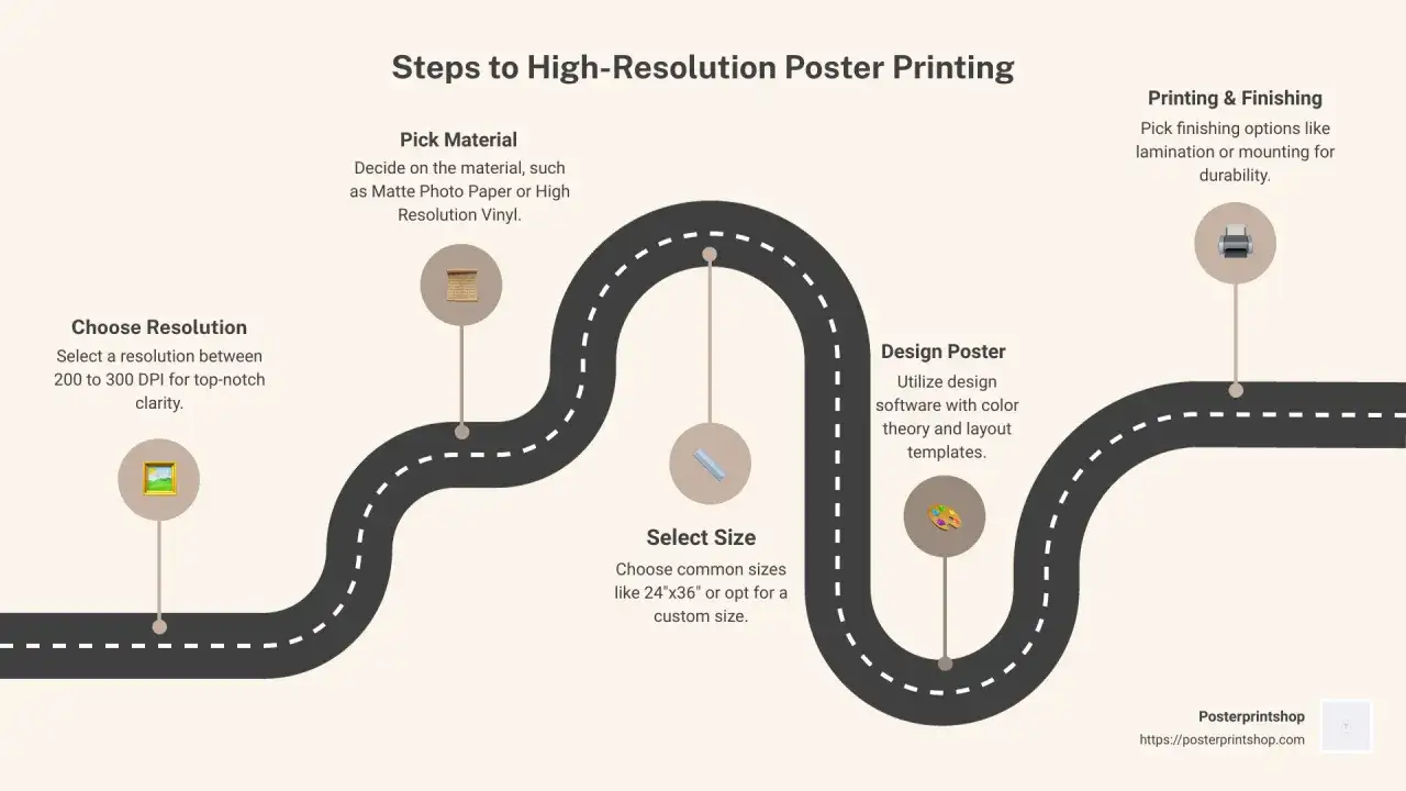 Percorso per stampare poster ad alta risoluzione: scegli risoluzione (200-300 DPI), materiale, dimensione, design e finiture. jpg.