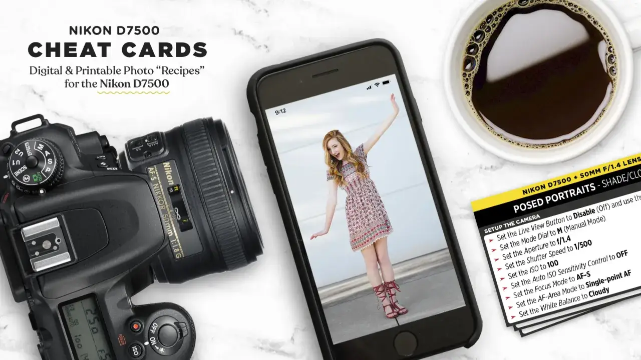 Nikon D7500 impostazioni consigliate per ritratti in ombra. Fotocamera, smartphone con foto e caffè.