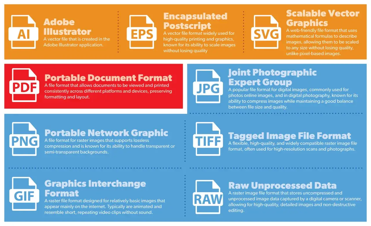 Infografica sui formati di file immagine: AI, EPS, SVG, PDF, JPG, PNG, TIFF, GIF, RAW. Ogni formato ha un'icona e una breve descrizione.