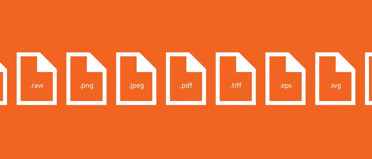 Icone di file con estensioni comuni: .raw, .png, .jpeg, .pdf, .tiff, .eps, .svg. Un'illustrazione che mostra la varietà di formato immagine.