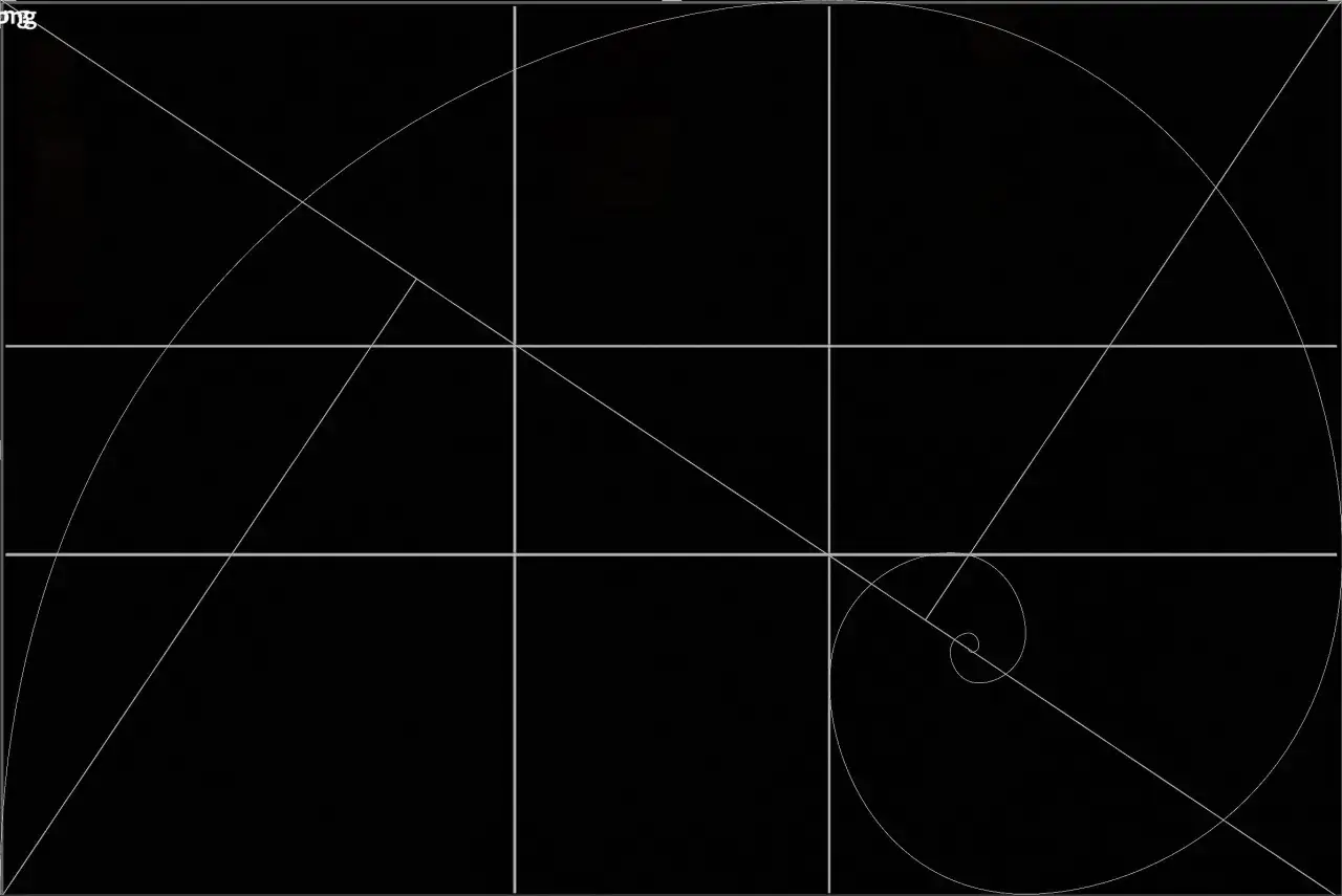 Griglia con spirale e linee che definiscono la sezione aurea, un'elegante rappresentazione matematica.