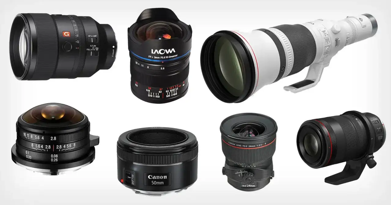 Collezione di obiettivi per fotocamere: un obiettivo grandangolare, un teleobiettivo bianco, un obiettivo fisheye e altri obiettivi di varie marche.