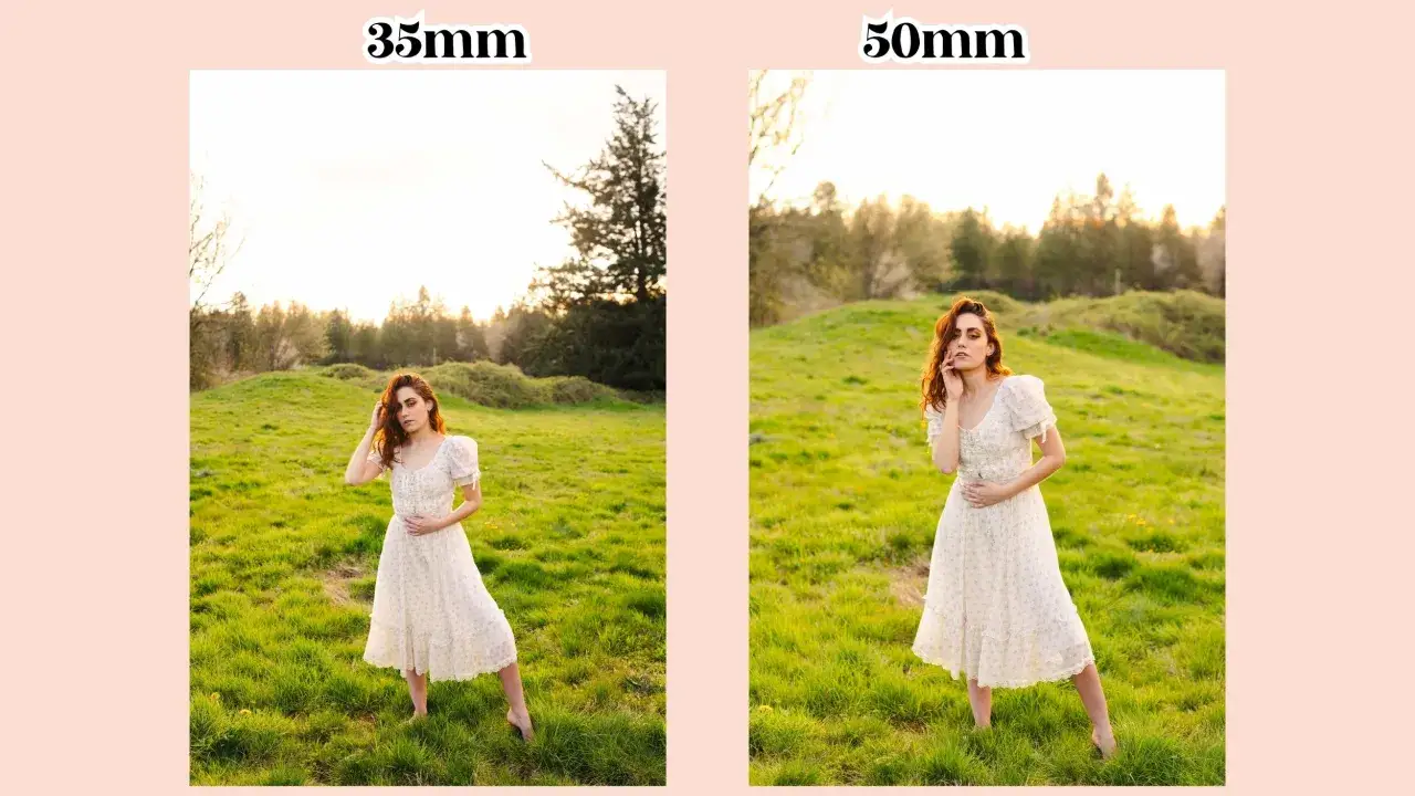 Confronto tra lunghezze focali: una donna in un prato con abito bianco, ripresa a 35mm e 50mm.