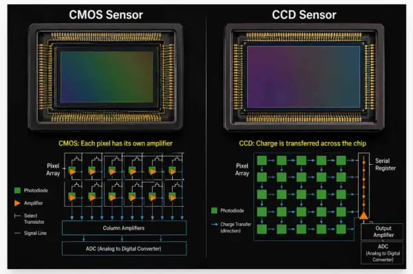 Confronto tra sensore CMOS, con amplificatore per ogni pixel, e sensore CCD, dove la carica viene trasferita.