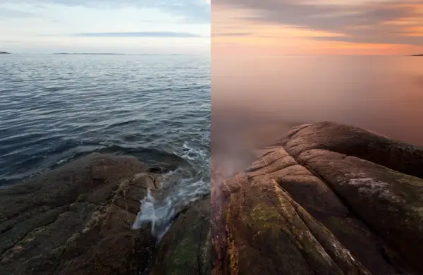 Confronto tra due scatti: a sinistra, onde mosse su rocce; a destra, mare calmo e tramonto con filtro ND a cosa serve per effetti setosi.